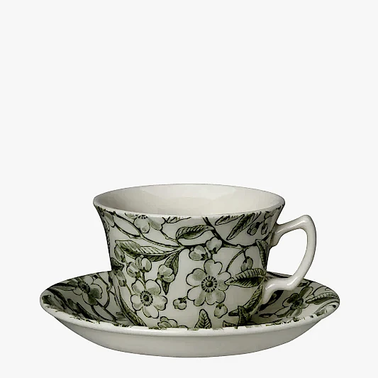 Green Prunus Teacup & Saucer 